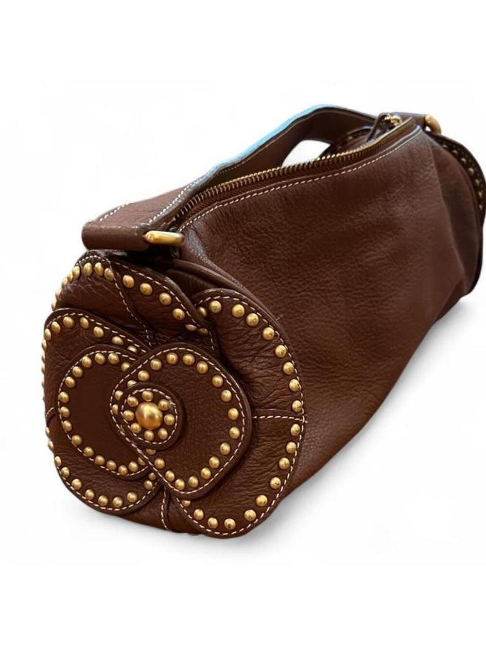 Vintage Y2K Brown Leather Barrel Shoulder Bag Floral Studded